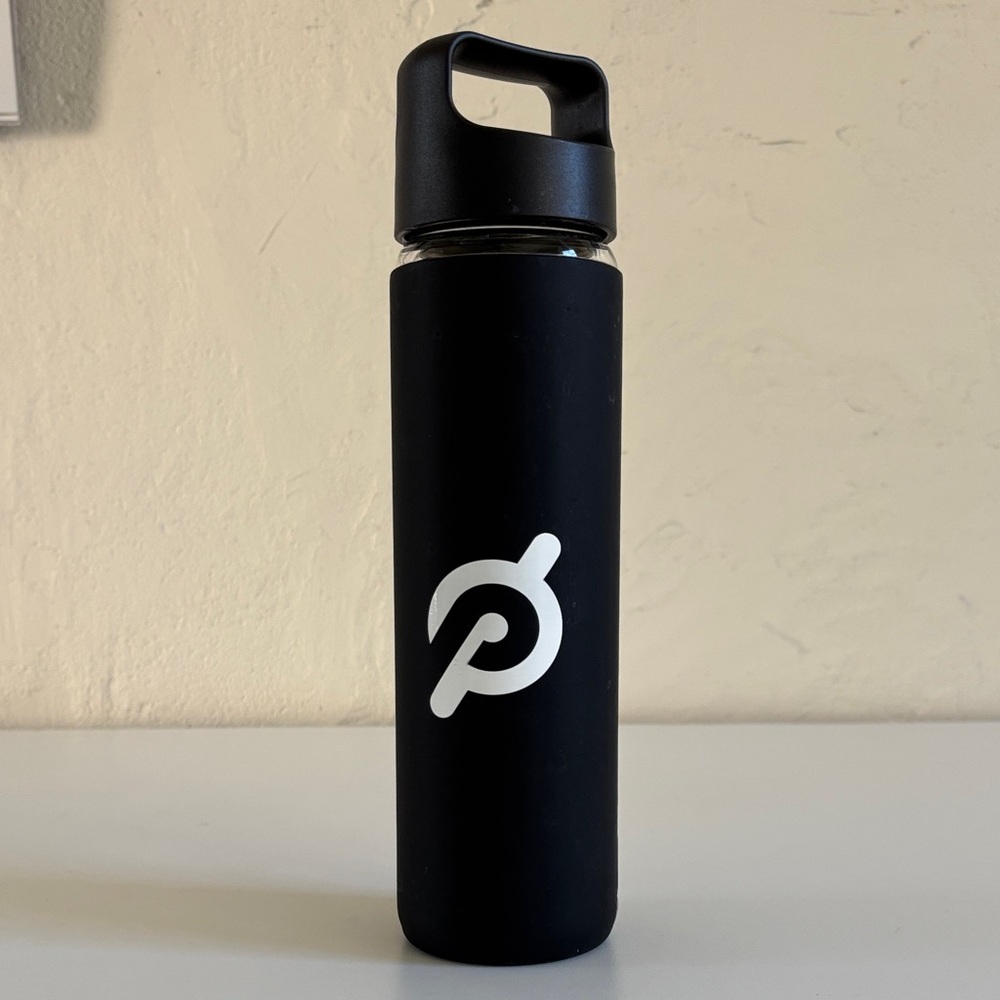 Peloton Glass Black Water Bottle With Silicone Sleeve EUC